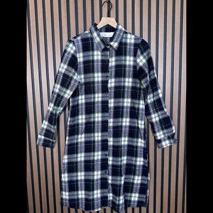 New Vintage Havana Flannel Shirt Dress Small Blue Green Plaid Long Sleeve Midi